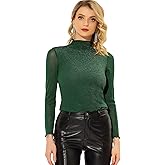 Allegra K Women's Mesh Sheer Party Top Shiny Slim Long Sleeve Mock Neck Blouse
