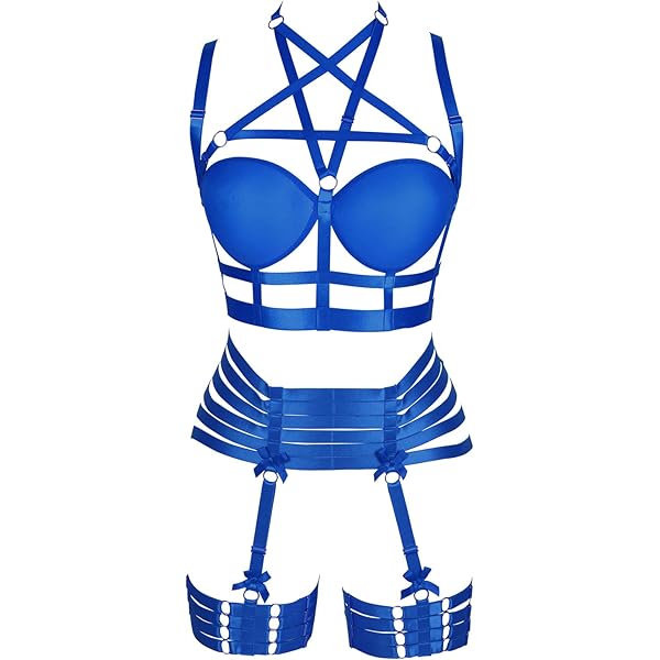 Gothic Lingerie Women's Punk Bra Harness Top - Gothic Pentagram Garter Belt,  Adjustable Strappy Festival Rave Wear Mouth Gag