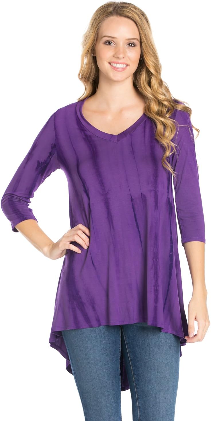 Frumos Womens 3/4 Sleeve Hi-Low Tie Dye Tunic Top Made in USA