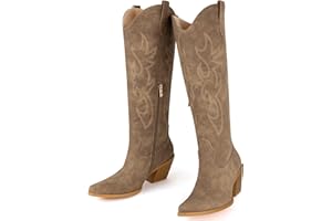 MISSMILLER Women's Embroidered Wide Calf Western Cowgirl High Knee Boots Pull On Pointed Toe Cowboy Tall Boots for Ladies