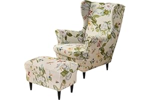 HAOYONG Stretch Wing Chair Cover Set Ottoman Slipcover 2 Pieces Wingback Chair Slipcover and and 1 Piece Rectangle Storage Stool Cover Removable Armchair Sofa Covers for Living Room Bedroom
