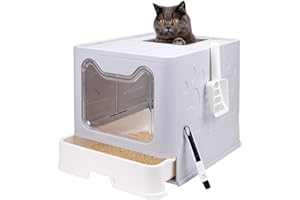 FOPHOP Foldable Cat Litter Box with Lid, Enclosed Cat Potty, Top Entry Anti-Splashing Cat Toilet, Easy to Clean Including Cat Litter Scoop and 2-1 Cleaning Brush (Grey) Large