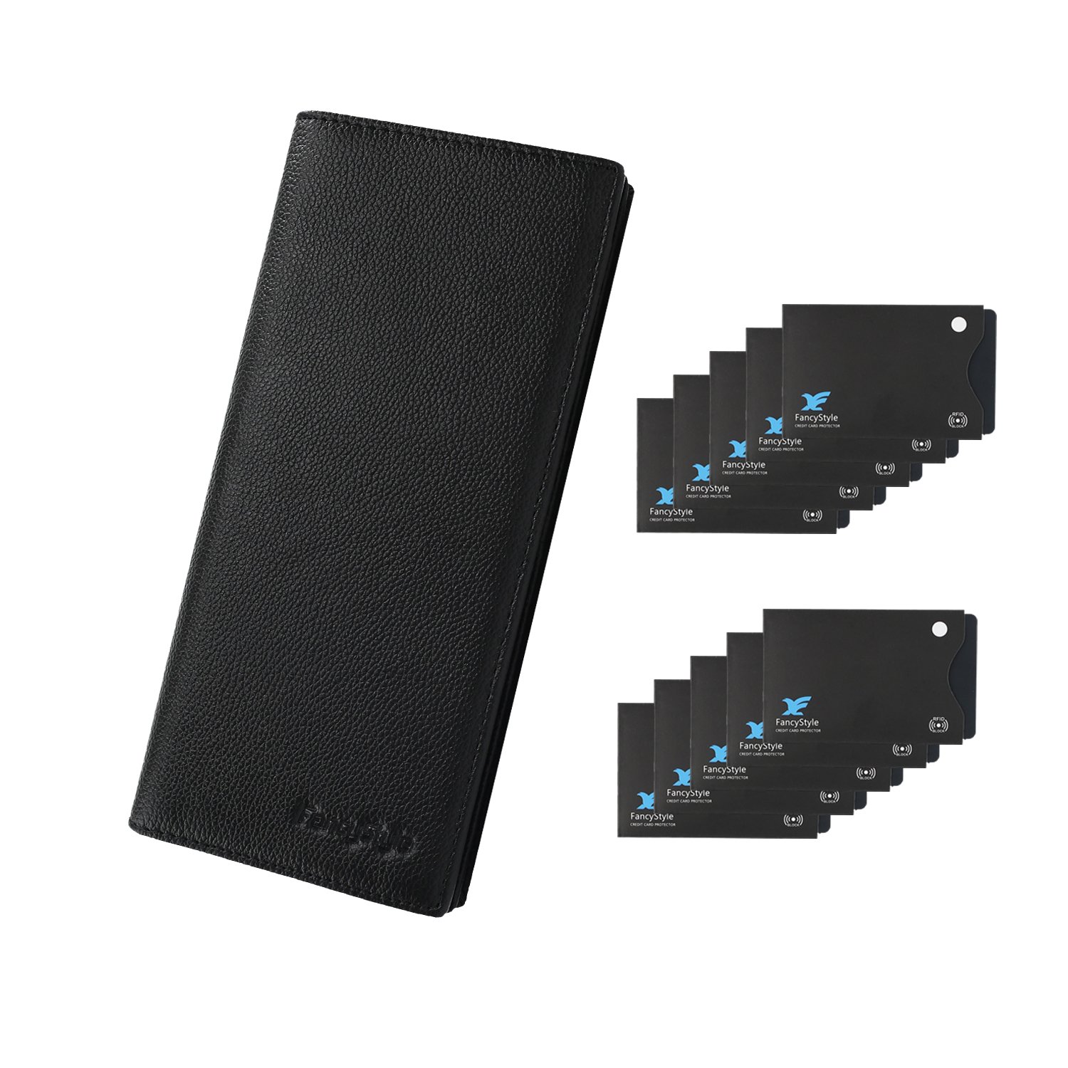 Men RFID Blocking Leather Checkbook Wallet Safe Long Bifold Travel Billfold Black with 10 Sleeves