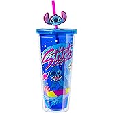 Silver Buffalo Disney Lilo and Stitch Cosmic Surfer Plastic Cold Cup with Lid and Straw Topper, 24 Ounces