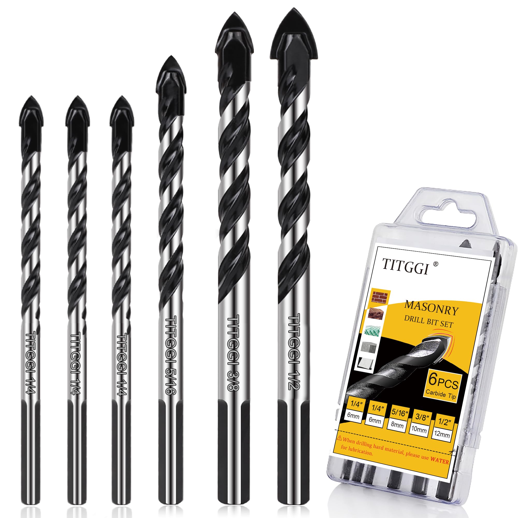 TITGGI Concrete Drill Bit & Masonry Drill Bit Set, Professional Drill Bit Set (6PCS) for Glass/Brick/Plastic/Cement/Wood/Tile/Etc, Industrial Strength Carbide Drill Bit Tip, 1/4