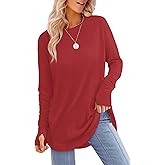 XIEERDUO Womens Tunic Tops to Wear with Leggings Long Sleeve Thumb Hole Shirts Crew Neck Curved Hem