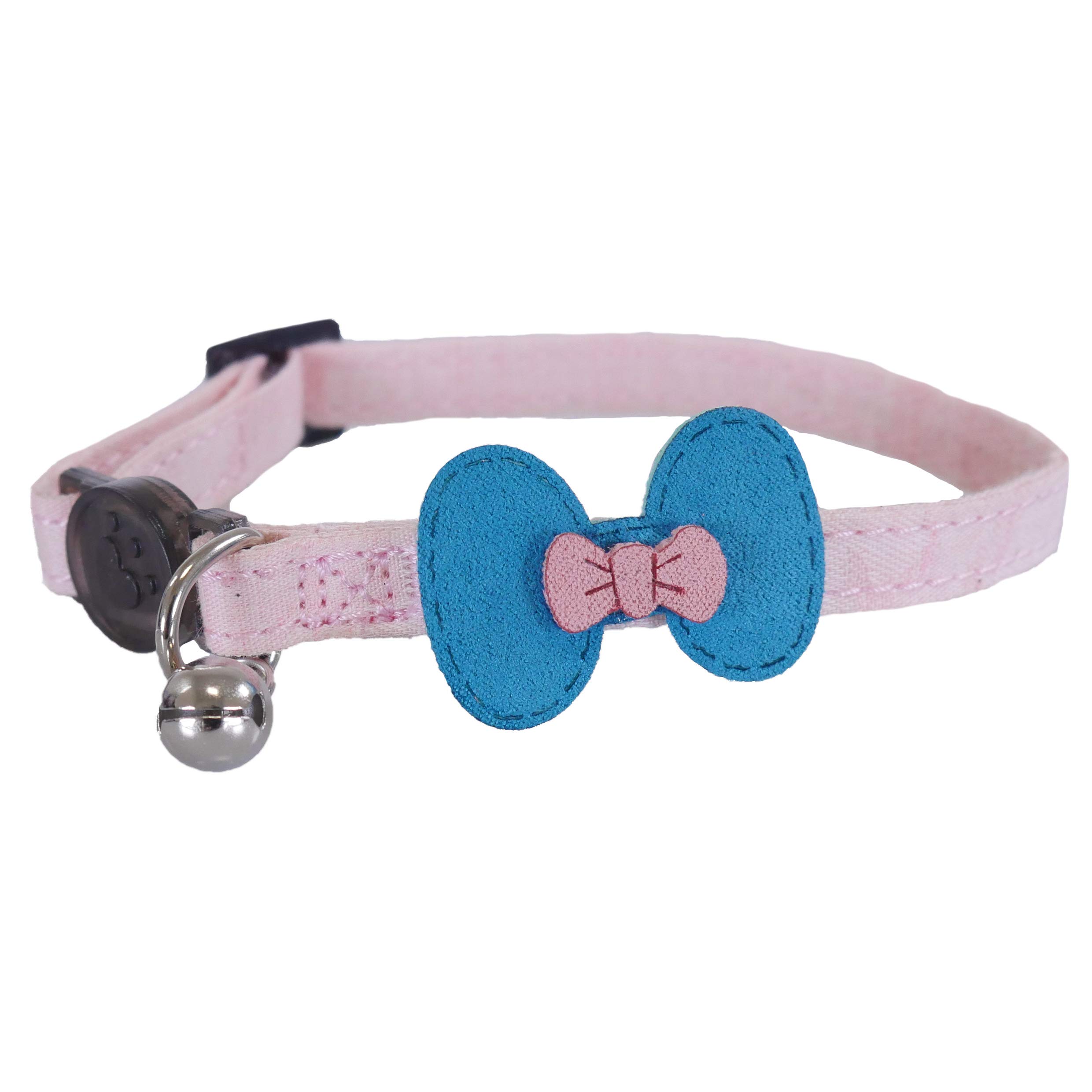 Rosewood Denim Designer Cat Collar, Light Pink with Teal Bow, Breakaway Quick Release, Adjustable Safety Collar with Bell for Cats & Kittens, Stylish & Comfortable Cat Collar