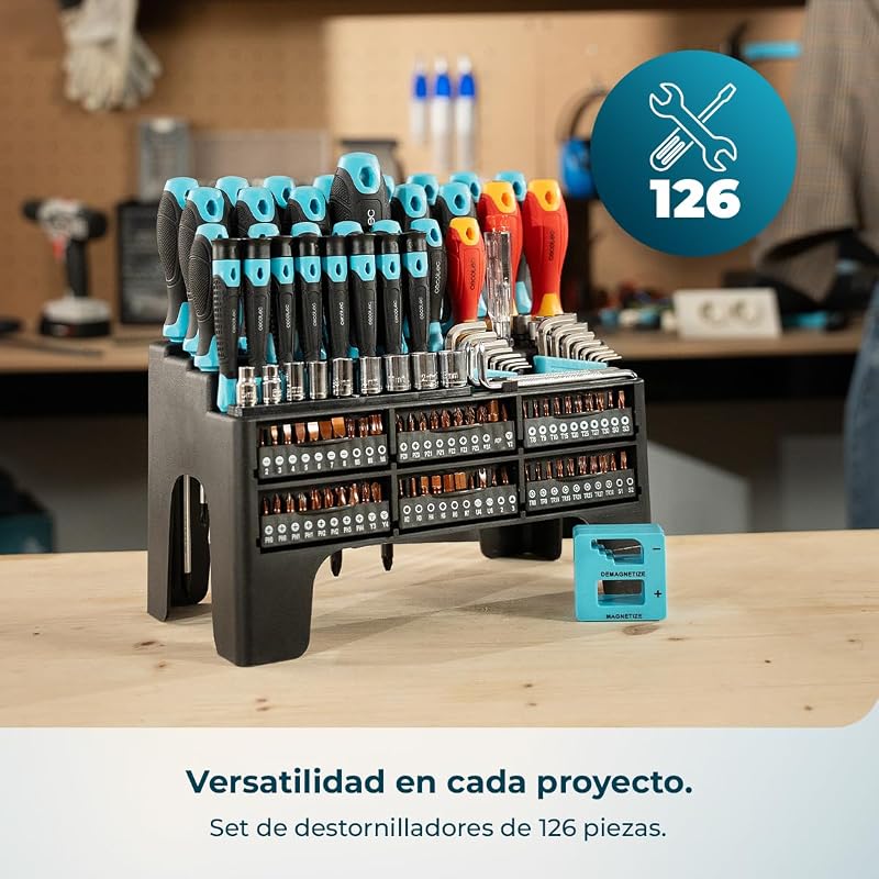 Juego de Destornilladores 126 Piezas HardGyro 1260 Magnetic. Acero CR-V, 3 Destornilladores VDE, 60 Puntas S2, Carraca, Magnetizador, Llaves de Vaso y Allen, Buscapolos, Soporte Incluido