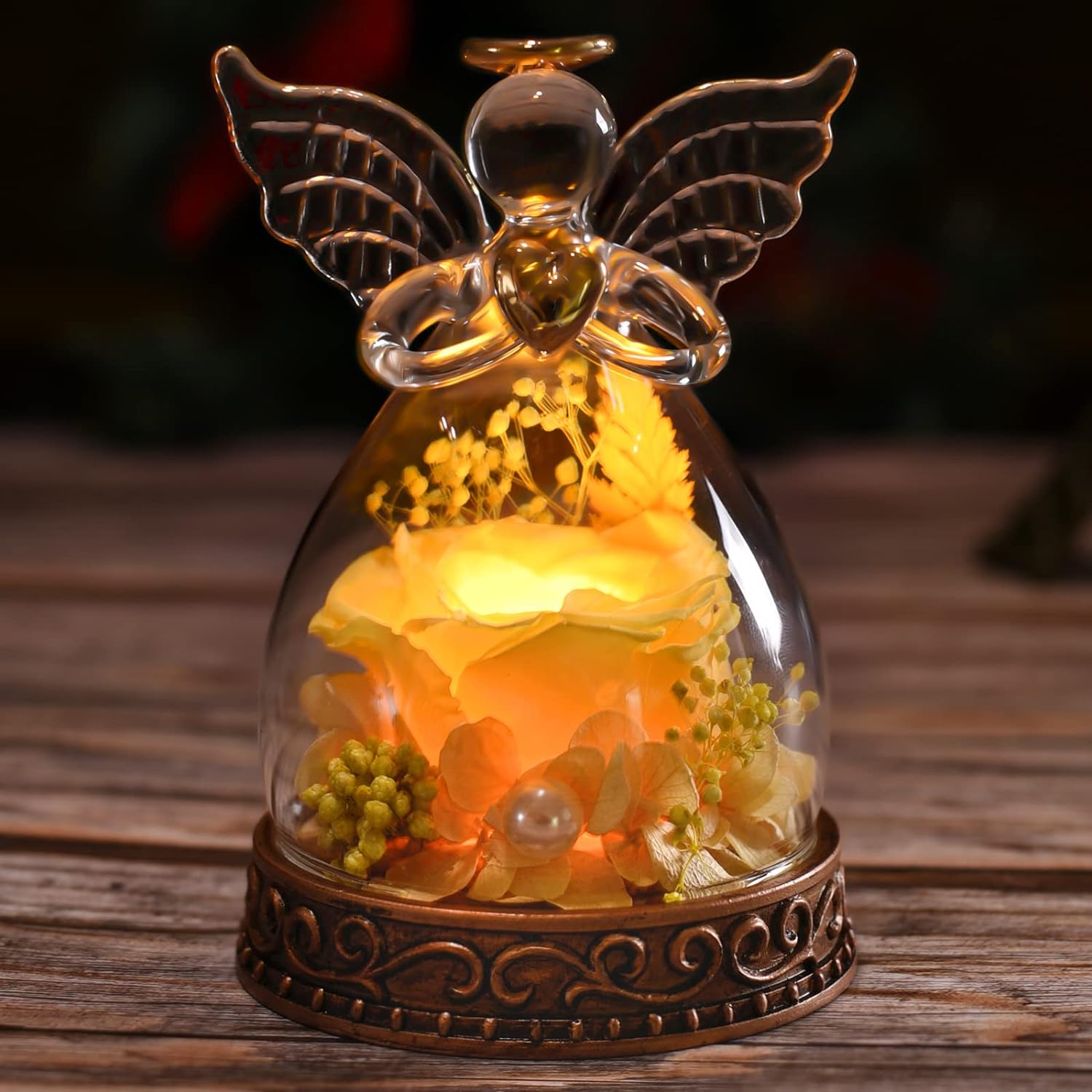 Dried & Preserved Flora - Aastin Angel Gifts for Women, Mom, Grandma, Preserved Real Rose in Glass Angel Figurine with LED Light, 1PSC Rose Gifts on Christmas, Birthday, Mother's Day, Valentine's Day (Yellow)