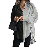 GORGLITTER Women's Oversized Button Down Shirts Striped Long Sleeve Colorblock Tie Side Collared Blouses Business Casual