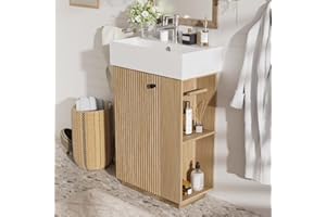 21.6 Inch Bathroom Vanity - Wood Grain Freestanding Cabinet with Ceramic Sink Modern Left-Door Vanity with Open & Closed Stor