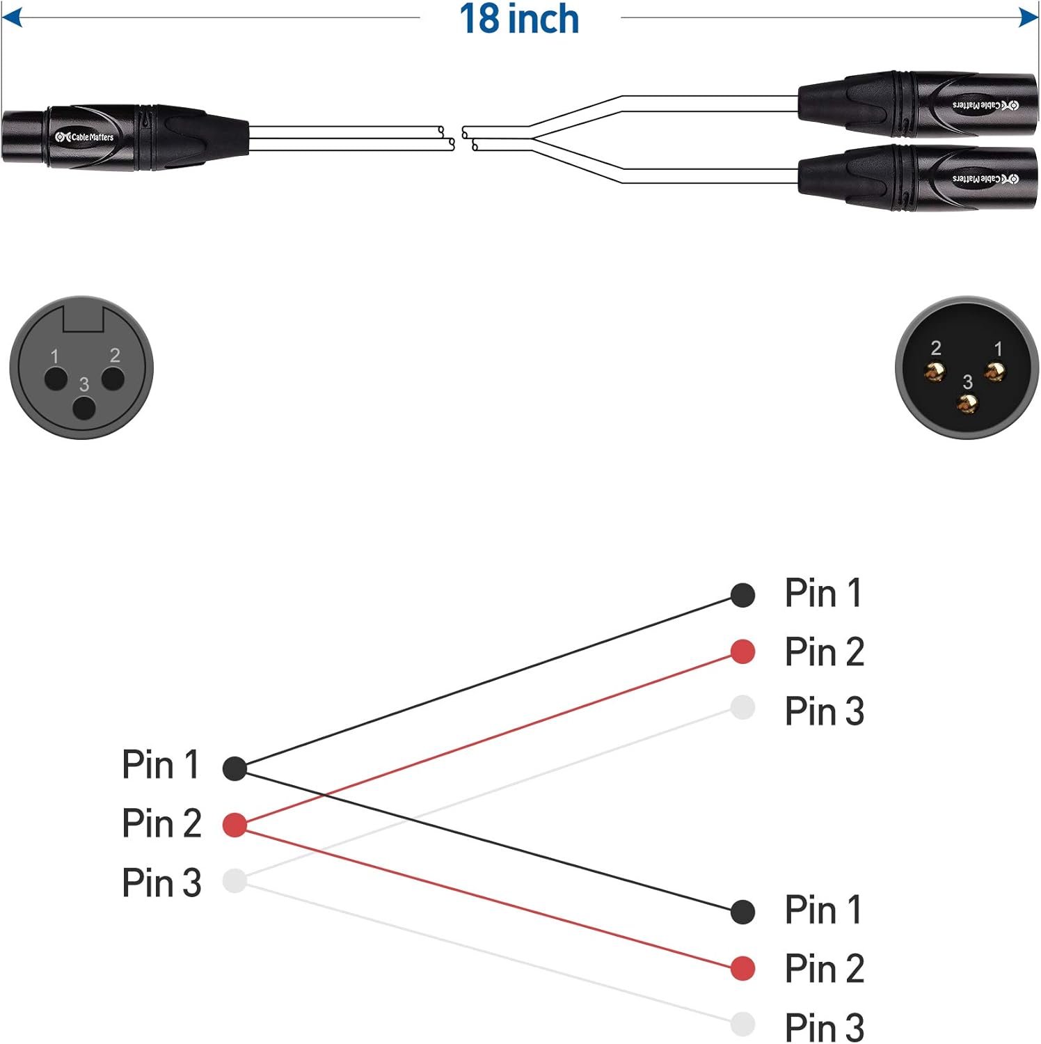 Cable Matters XLR Splitter Cable, Female to 2 Male XLR Y Cable - 18 Inches: Musical Instruments
