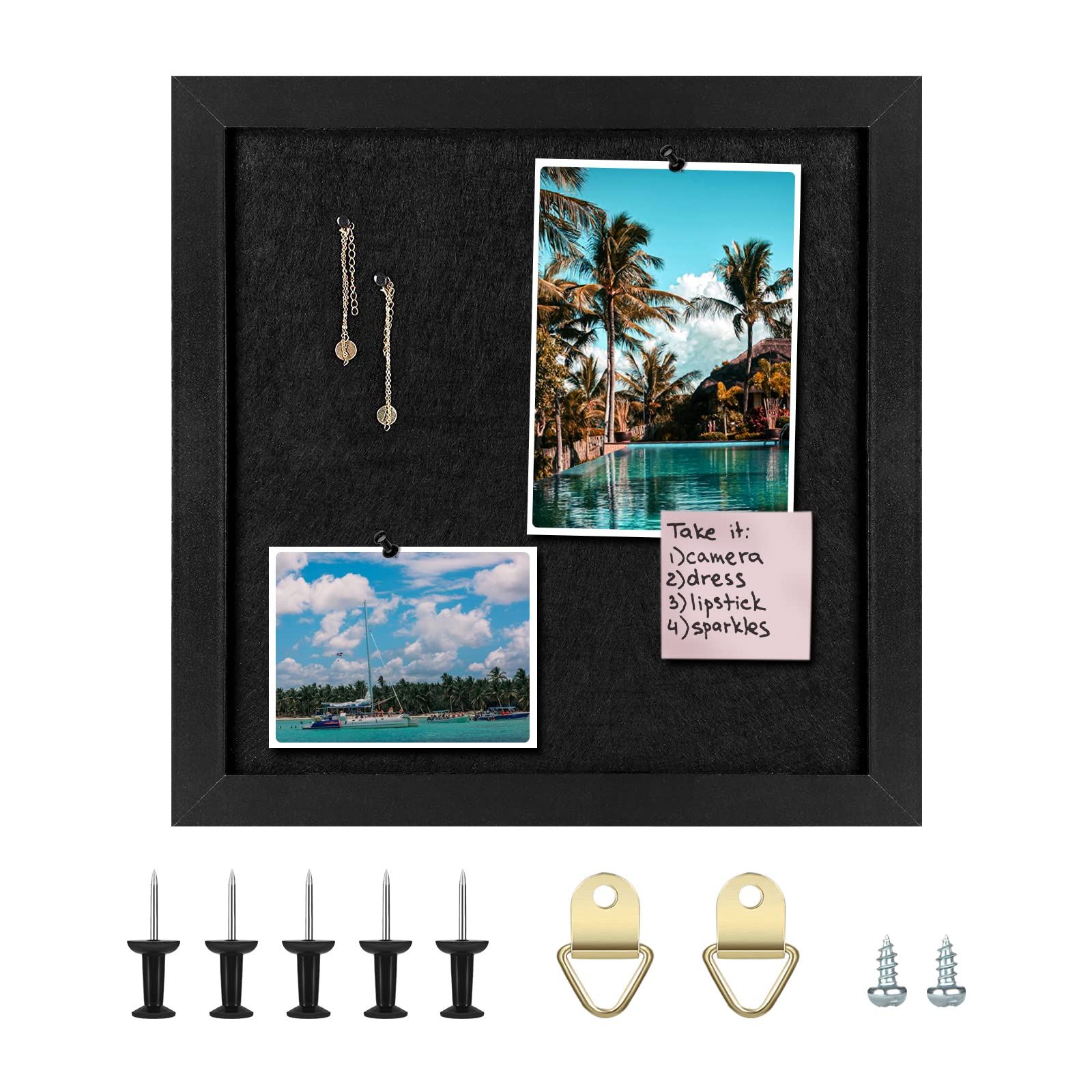 30 * 30cm Cork Board Bulletin Board with Felt, Wood Framed Display Bulletin Board for Walls with Pins, Eye Bolts, gaskets, Screws, Pin Board for Office, School and Home(BK,1P)