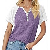 MaQiYa Womens V Neck Basic Tops Color Block Tunic T Shirts Summer Short Sleeve Casual Cotton Tees Shirts