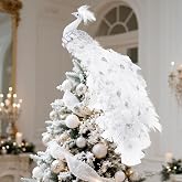 15 Inch Christmas Peacock Tree Topper, Glitter Peacock Feather Ornaments | Artificial White Peacock, Bird Feather for Xmas Tree Topper Decorations, Peacock for Xmas Wreaths Wedding Party Tree Decor