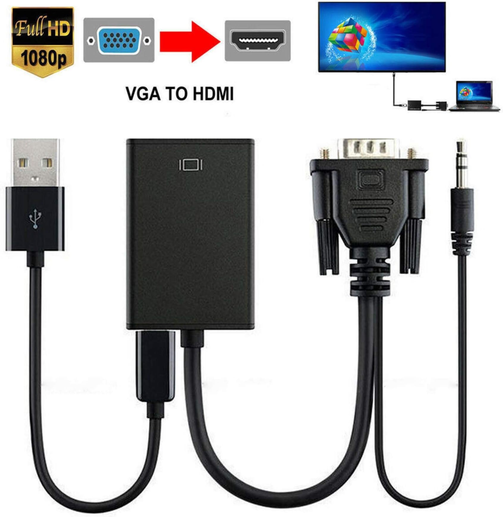 VicTsing VGA to HDMI Converter Adapter, Output 1080P VGA Male to HDMI Female Audio Video Cable Converter Adapter, for HDTV/AV/HDTV, Supply A Free USB Cable