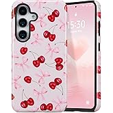 DEFBSC Case for Samsung Galaxy S24/S25, Cute Pink Bow Cherry Print Aesthetic Trendy Pattern for Women Girls Slim Durable Bumper Shockproof for Samsung Galaxy S24/S25 Case, Pink Ribbon/Glossy