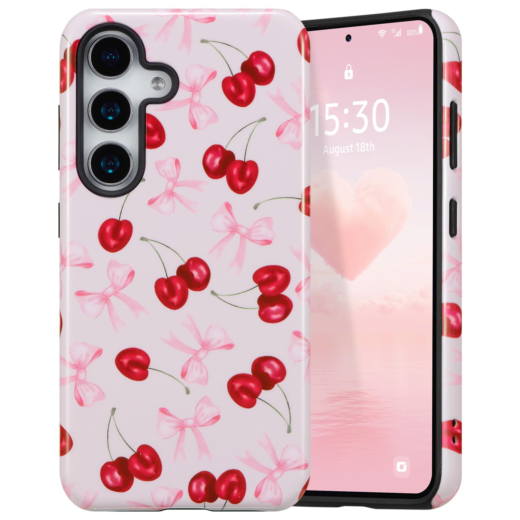 DEFBSC Case for Samsung Galaxy S24 Plus, Cute Pink Bow Cherry Print Aesthetic Trendy Pattern for Women Girls Slim Durable Bumper Shockproof for Samsung Galaxy S24 Plus Case, Pink Ribbon/Glossy