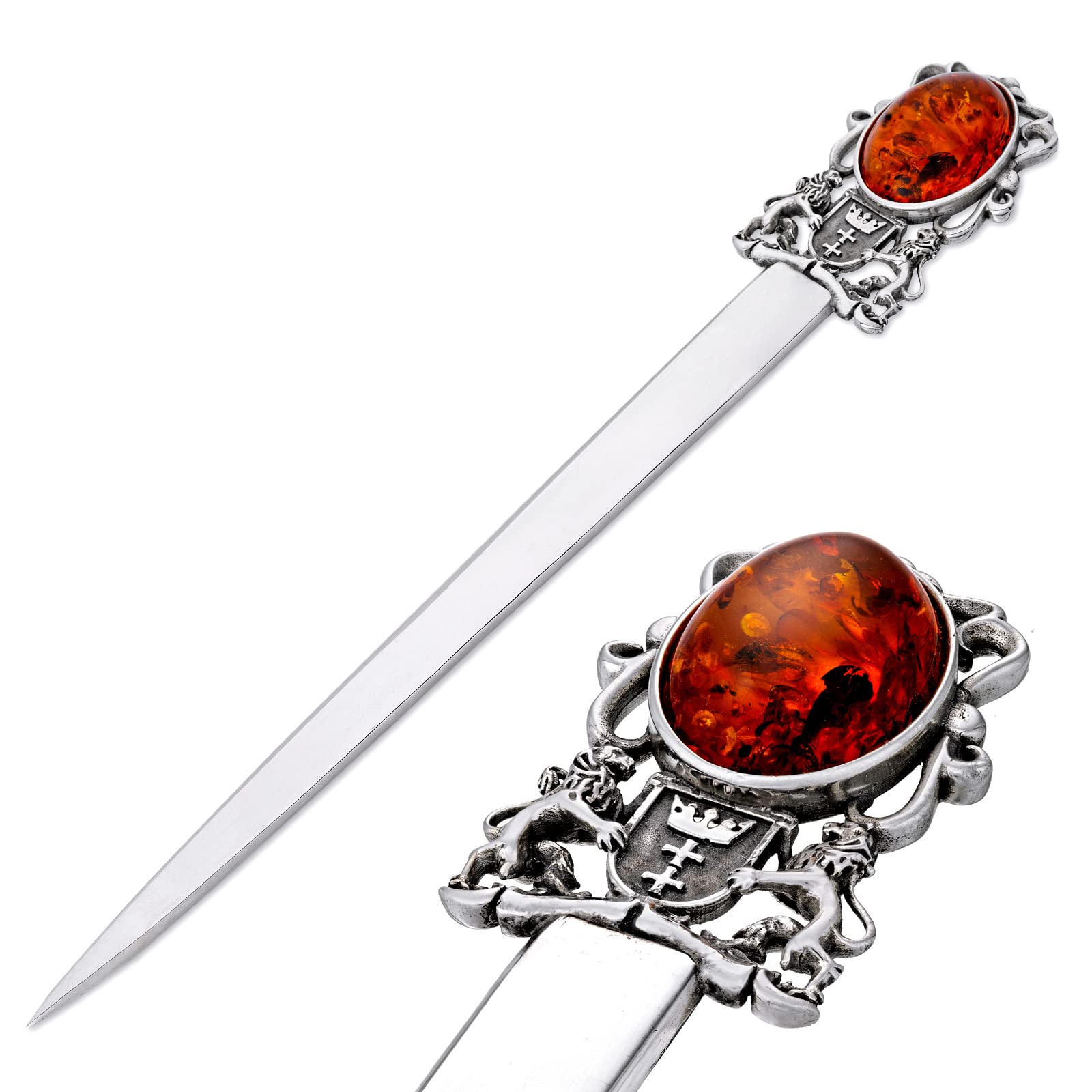 AMBEDORA Silver Letter Opener with Baltic Amber, Oxidised Sterling Silver, Paper Knife with the Coat of Arms of Gdansk