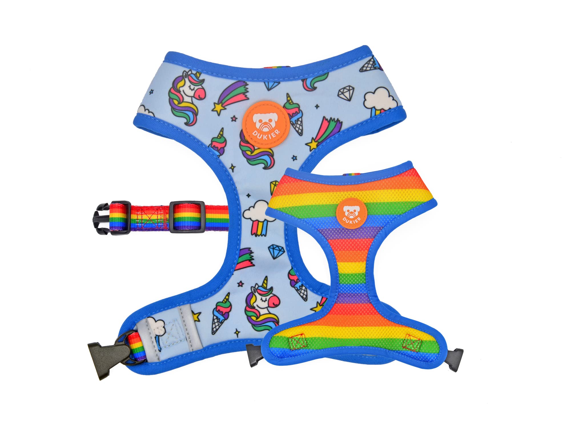DUKIER - Reversible Dog Harness, Anti-Pull Breathable Reflective Pet Vest Neoprene Mesh, Unicorns Design, Size XL
