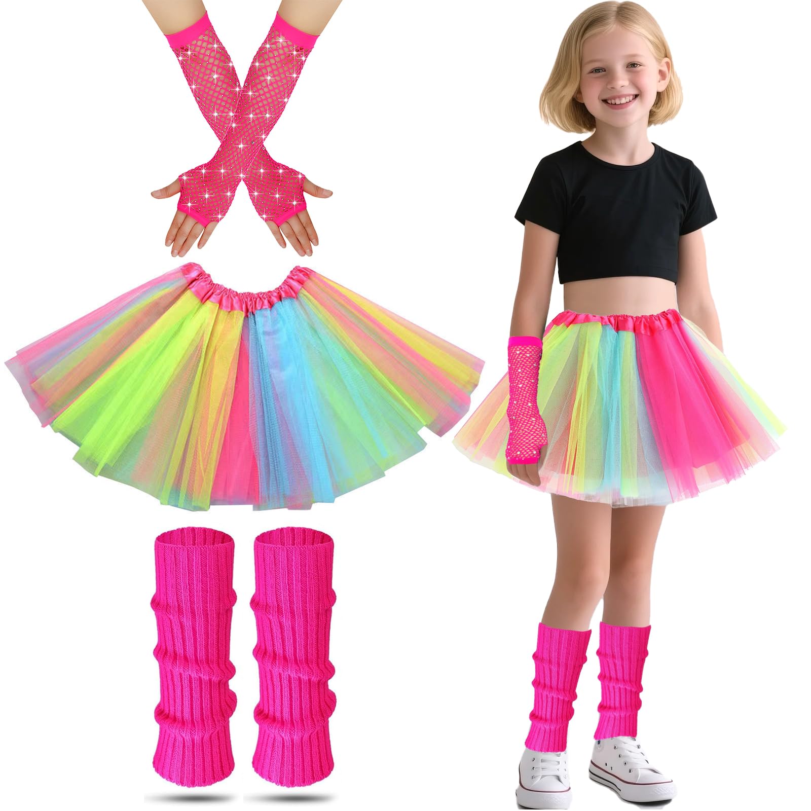 80s Fancy Dress for Kids Rockstar Costume, 80s Outfits Kids Neon Tutu Set Girls Leg Warmers Fishnets Gloves and Fancy Dress Tutu for 1980s Theme Party Disco Party Costume Carnival Gathering (Rainbow) — image 1