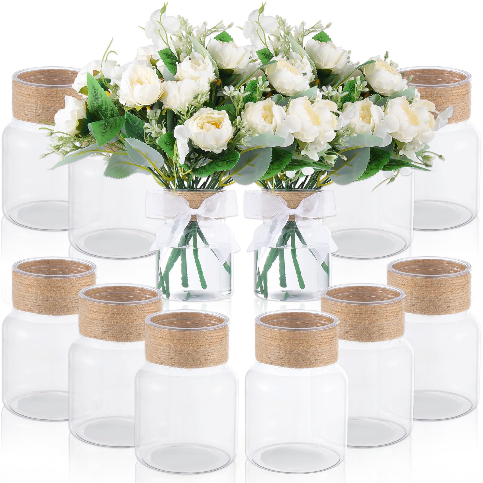Photo 1 of 12 Pcs Plastic Bud Vases for Centerpieces Clear Flower Vase with Hemp Rope Ribbon for Wedding Decorations Floral Vase Bulk for Housewarming Home Decor Floral Arrangements (Cylinder)