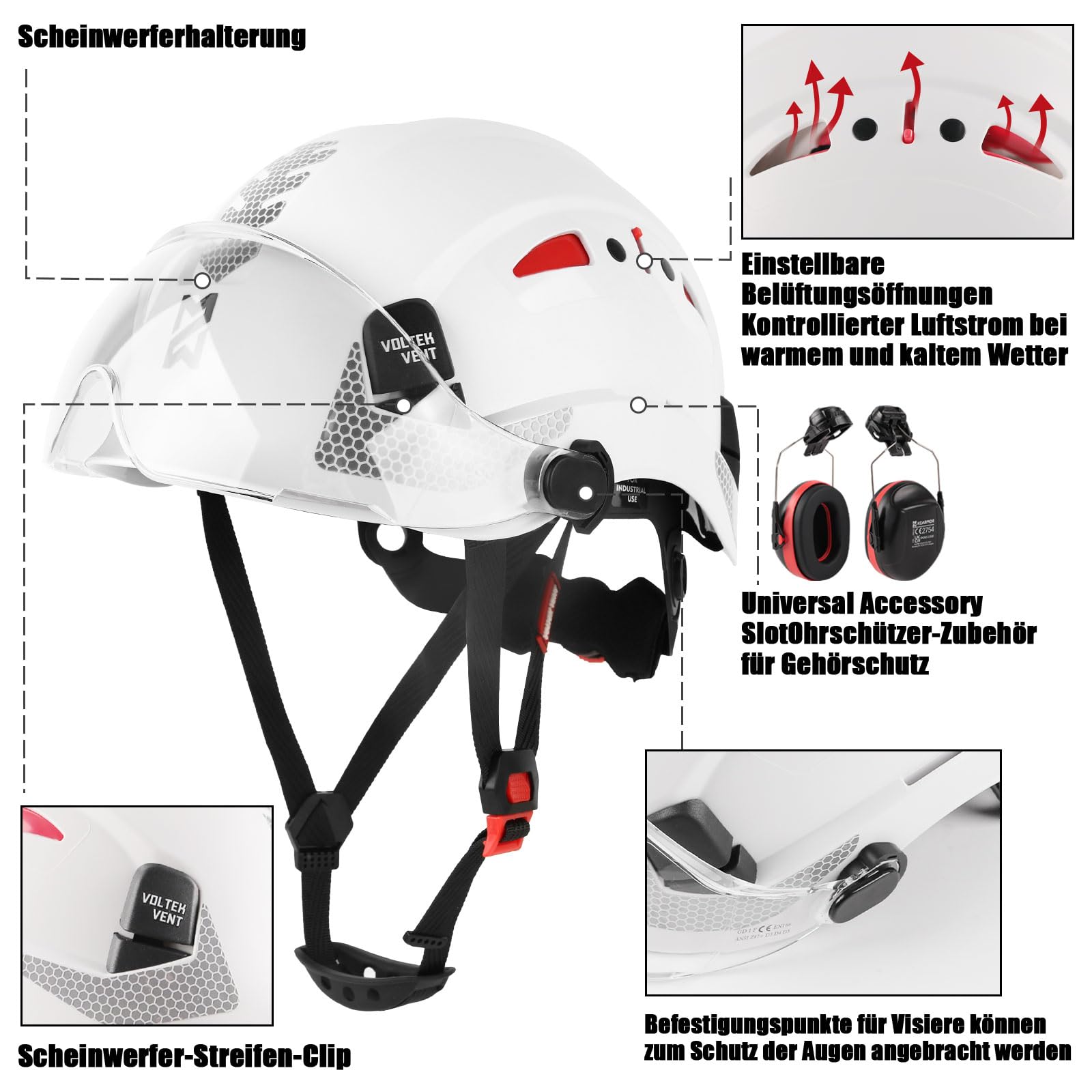 HEARMOR Schutzhelm mit Gehörschutz und Visier, EN 397 Zertifizierter Belüfteter Arbeitshelm, 6-Punkt-Aufhängung, Ideal für Industrie und Baugewerbe, Weiß 3