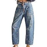 Barrel Jeans Women Trendy Low Rise Drawstring Baggy Jeans Vintage Pant Casual Wide Leg Horseshoe Demin with Pockets