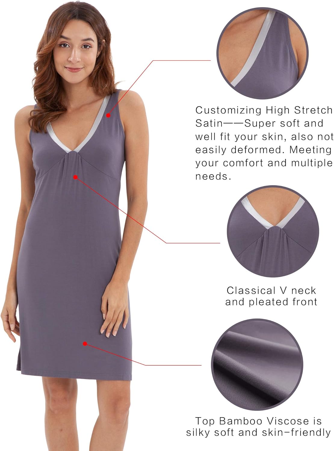 WiWi Womens Bamboo Sleeveless Nightgowns Soft Pajamas Sleep Dress V