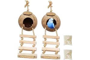 Tfwadmx 4 Pcs Coconut Hide with Ladder, Natural Coconut Fiber Hanging Birdhouse Cage, Coconut Bird Shell Breeding Nest for Parrot Parakeet Lovebird Finch Canary