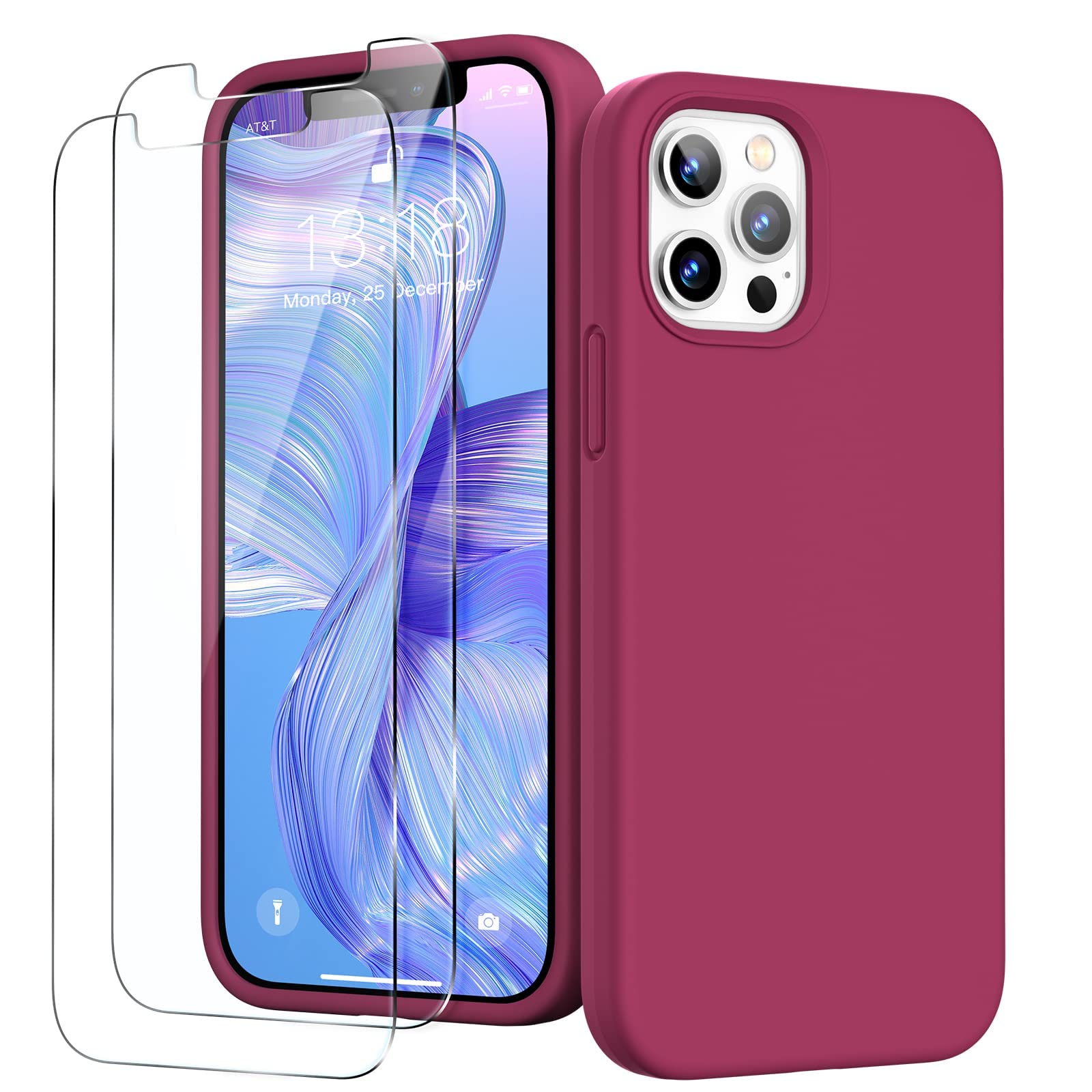 GOODVISH 3 in 1 Designed for iPhone 12 Case, iPhone 12 Pro Case with 2 Screen Protector, Liquid Silicone Soft Phone Case with Microfiber Lining Shockproof Full Protection Cover 6.1inch, Rose Red