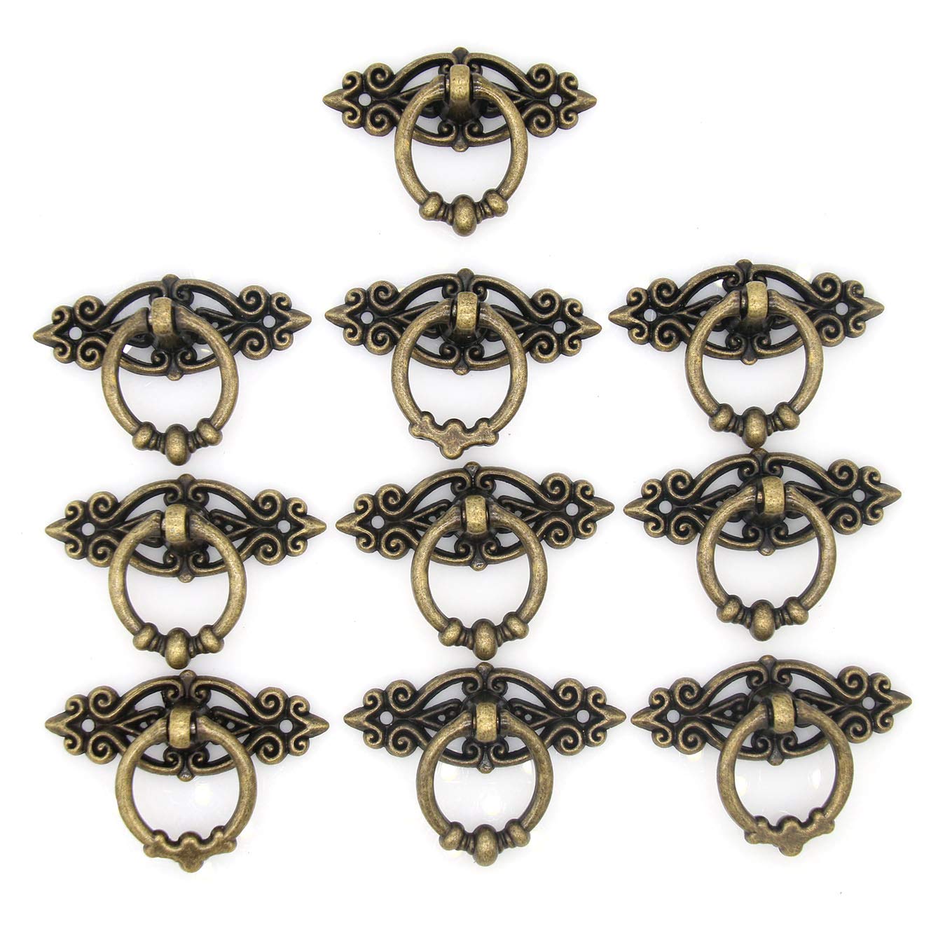 Photo 1 of 10 PCs Vintage Distressed Antique Brass Finish Ring Pulls Handles for Cabinet Cupboard Drawer Dresser, Length 2.5-in (6.5 cm) and Width 1.8-in (4.7 cm)