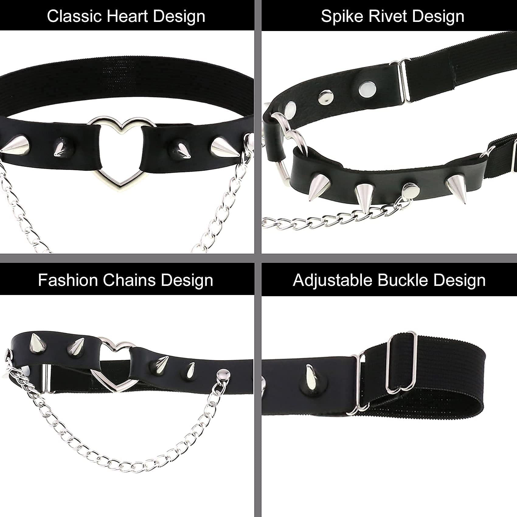 alisikee 2PCs Adjustable Heart Leg Garter Belt with Chain, Elastic Spike Rivet Thigh Garters for Women Parties