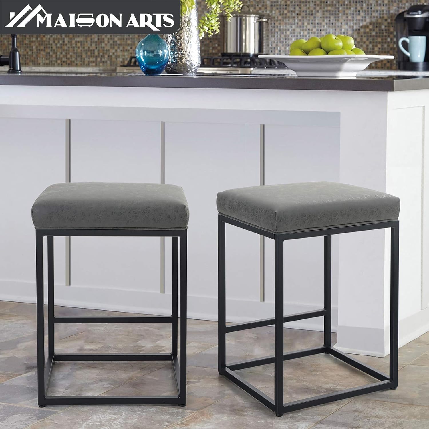 Maison Counter Height 24 Inch Bar Stool for Kitchen Counter Backless Industrial Stool Modern Upholstered Barstool Countertop Chair Saddle Seat Island Stool,330 LBS Bear Capacity,1 Stool(24 Inch, Grey): Furniture & Decor
