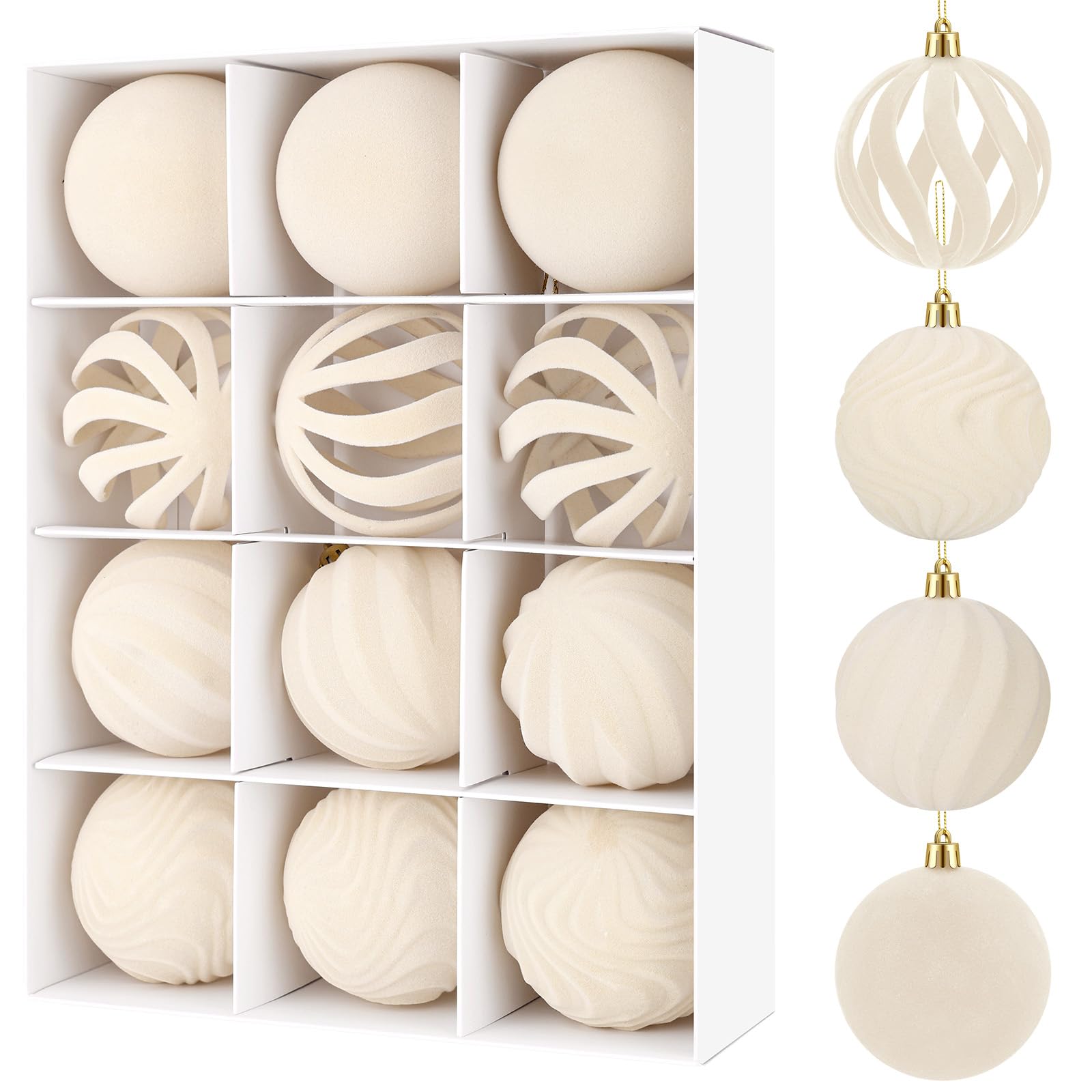 Photo 1 of 12Pcs 3.15in Velvet Christmas Tree Balls Ornaments Plastic Flocked Shatterproof Handmade Hanging Decoration Plush Balls Sets for Christmas (Cream White)