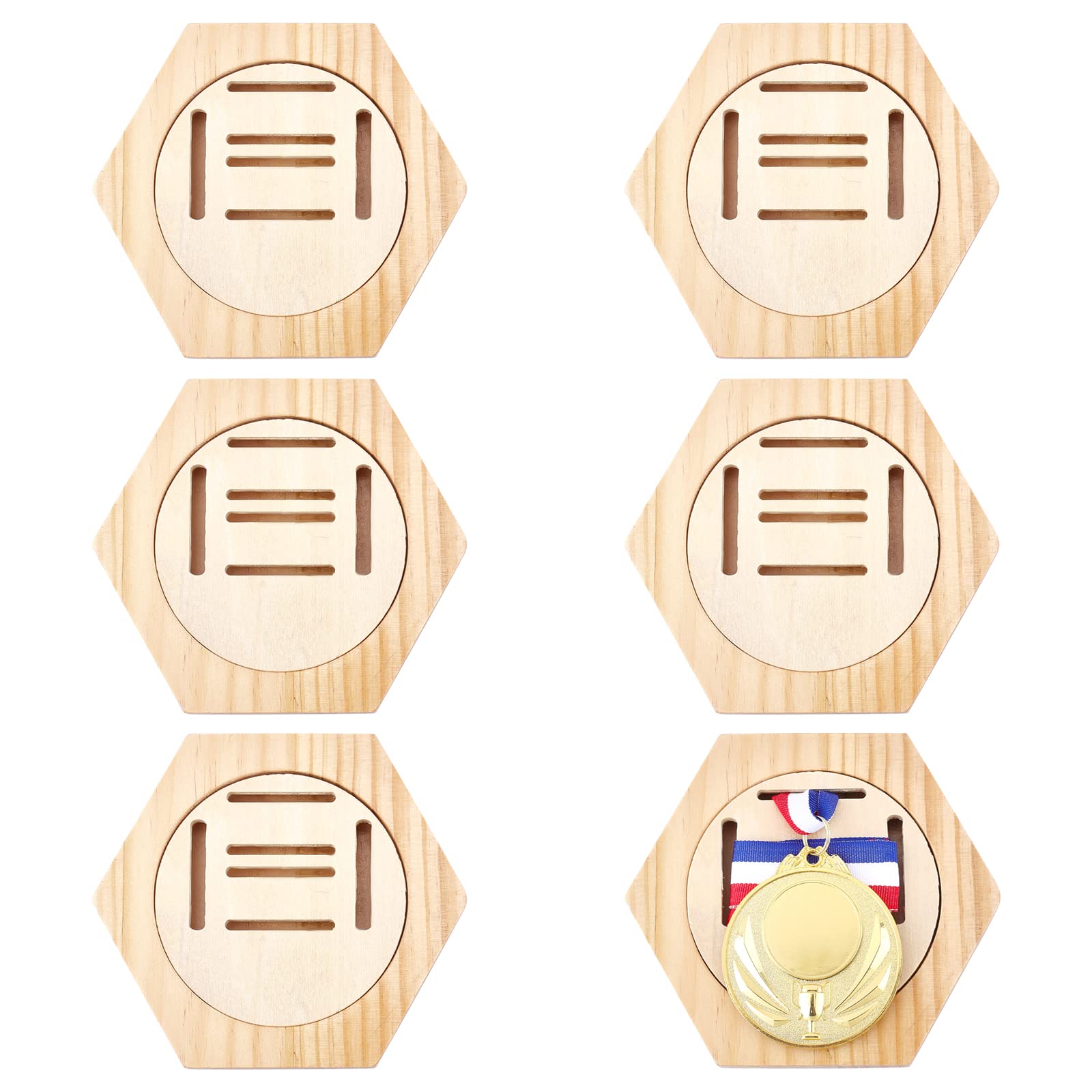 AHANDMAKER 6 Pcs Wooden Medal Display Stand, Hexagon Honeycomb Medal Storage Case, Medal Display Hanger Rack for All Sports Medal, Running Medal