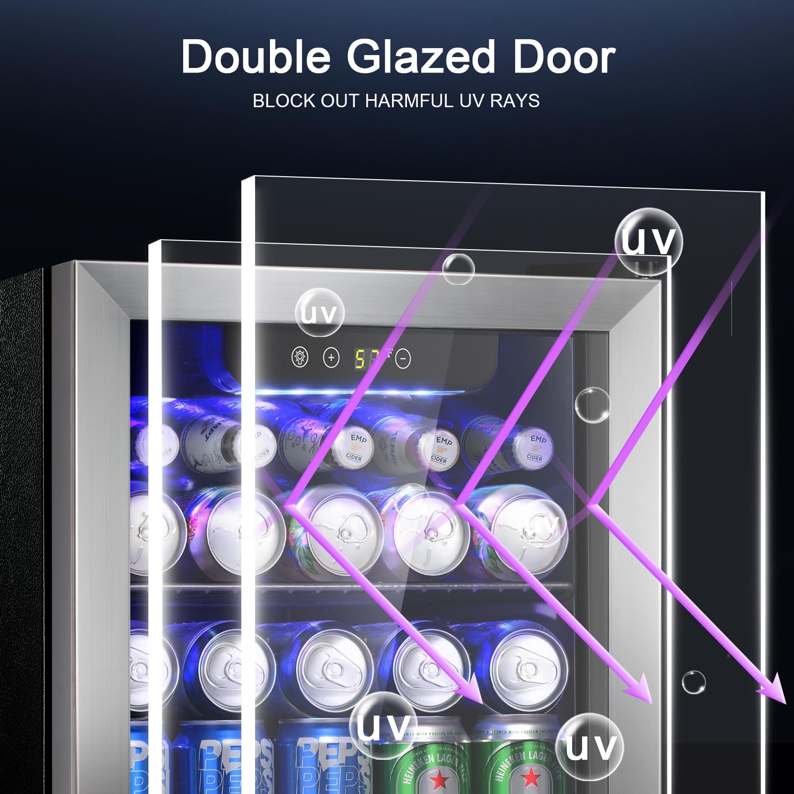 Arctic Star Refrigerador de bebidas para 48 latas, enfriador de vino para 12 botellas con puerta de vidrio de acero inoxidable, pantalla digital de temperatura, control electrónico de temperatura, plateado