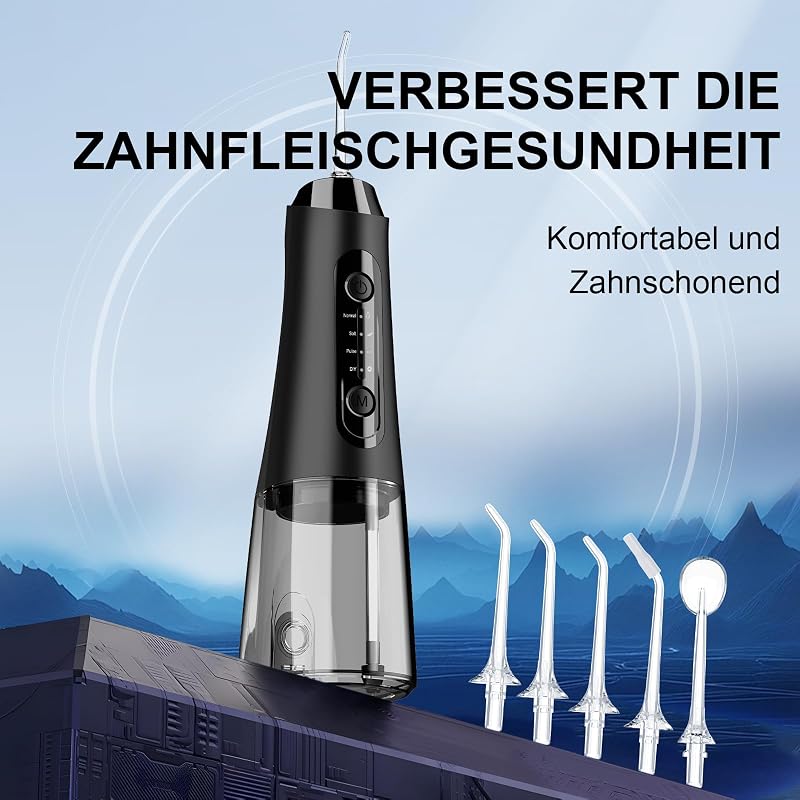 Munddusche, 320 ml, 5 Düsen, 4 Modi, USB-C, IPX7, Schwarz