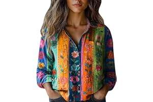GOKKILRW Boho Peasant Tops for Women Floral Long Sleeve Mexican Blouses Paisley Print Vintage Western Button Down Dress Shirt