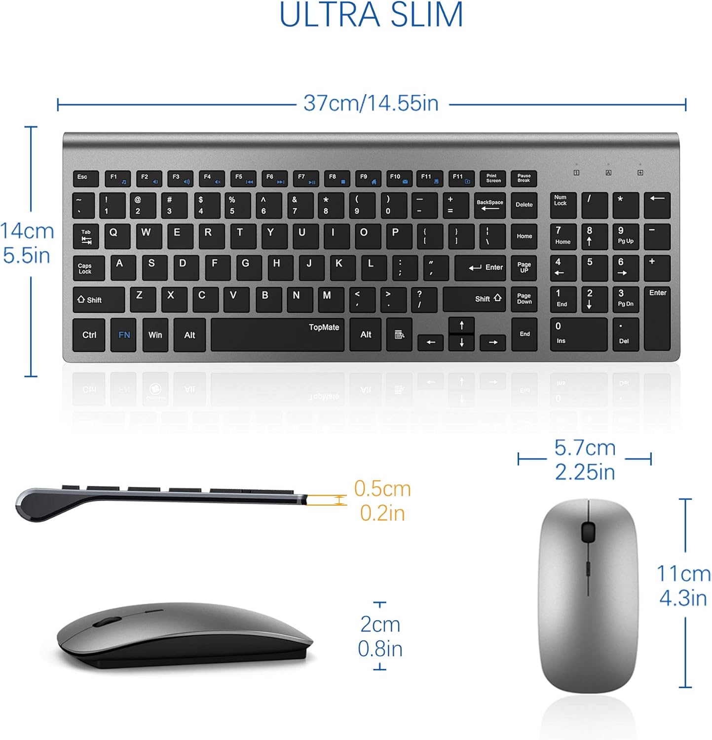 Wireless Keyboard and Mouse Combo, TopMate 2.4G Ultra Slim Compact Full Size Quiet Scissor Switch Keyboard and Mice Set for Windows, Mac OS, Laptop, PC - (Gray-Black): Computers & Accessories