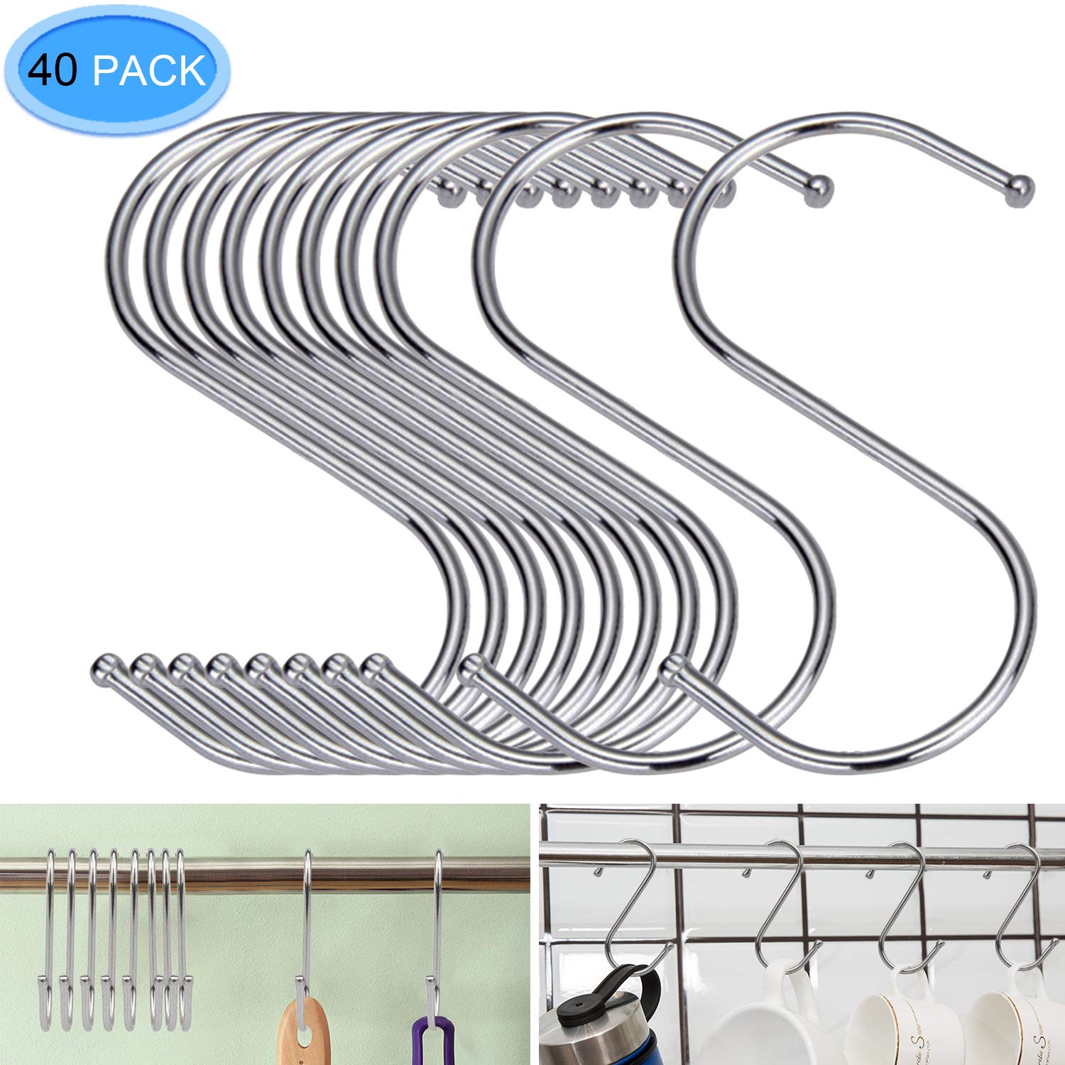 40 Pack S Shaped Hooks, EAONE Heavy Duty Stainless Steel S Hooks Rack Hangers for Hanging Kitchenware Pan Pots Utensils Clothes Bags Towels Plants, Silver