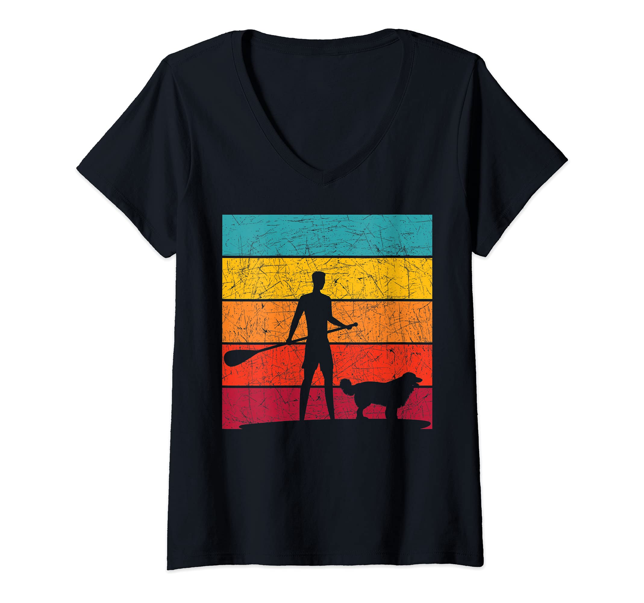 Womens Animal Pet Dog Paddleboarder Stand Up Paddling Retro SUP V-Neck T-Shirt