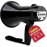 MyMealivos 20W Rechargeable Megaphone Speaker Built in 240s Recording &amp; Siren, Up to 300ft Voice Range/650ft Siren Coverage-5.4"&times;8.6" Portable Bullhorn with Wrist Strap and Type-C Charging(Black)