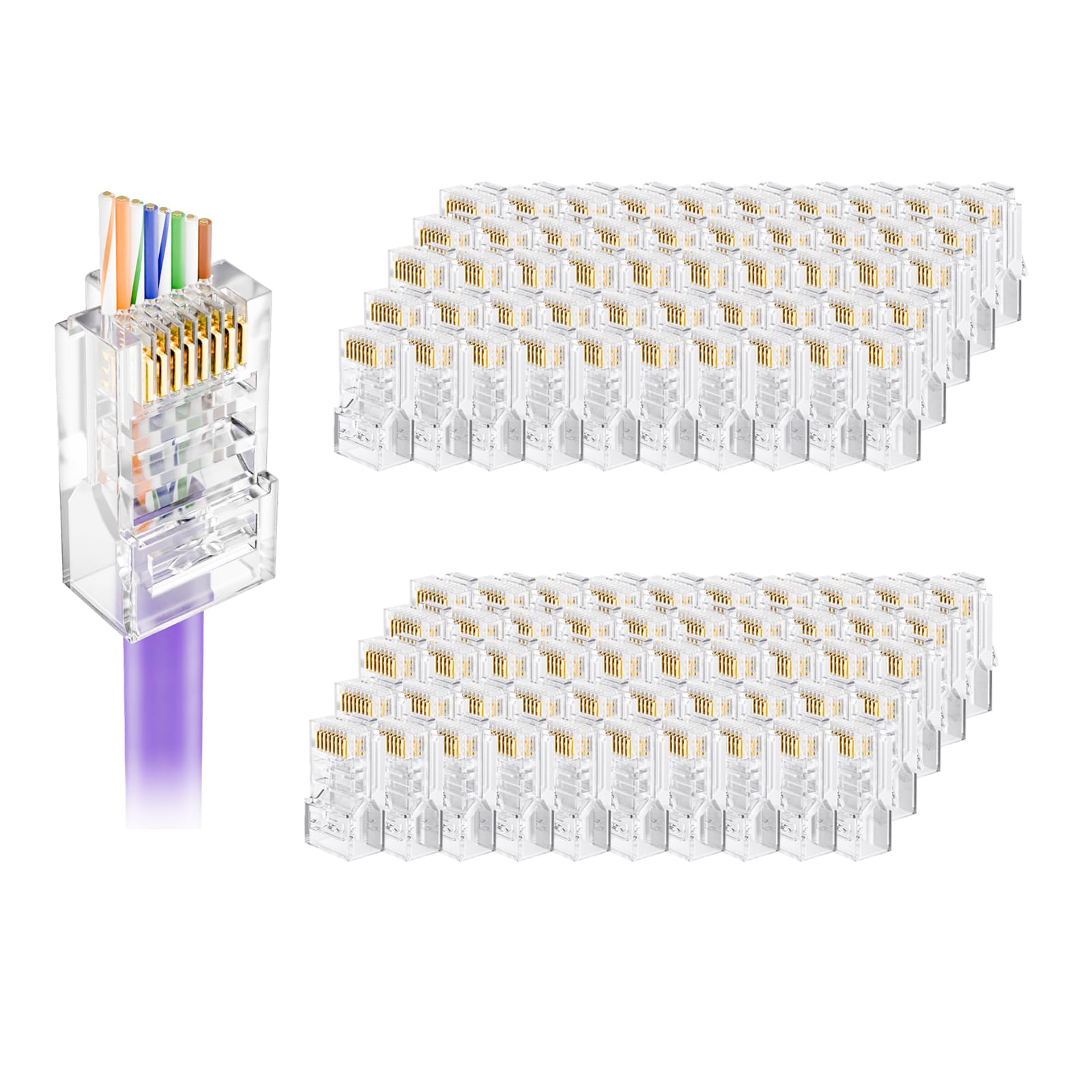 Photo 1 of VCELINK Cat5e Connectors RJ45 Pass Through 100-Pack, Cat 5 rj45 connectors, EZ Cat 5e Ends, Cat 5 e Modular Plugs for Solid or Stranded UTP Network Cable (Cat5e Connectors, 100Pack)