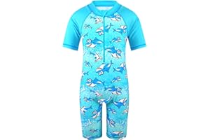 TFJH E One-Piece Boys Short Sleeve Swimsuits Rash Guard Suits Swimwear 50+ UV Sun Protective Zip