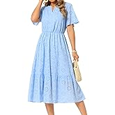 Seta T Women's Eyelet Dress Summer Casual Notched Neck Short Sleeve A Line Lace Flowy Beach Midi Dresses