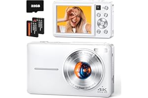 YAXTIFIU 4K Digital Camera, 64MP Autofocus Vlogging Camera with Front Rear Lens, Flash, 16X Zoom, Anti-Shake, 32GB Card, Compact Point Shoot Camera for Teens Adult Beginner Travel Photography(White)