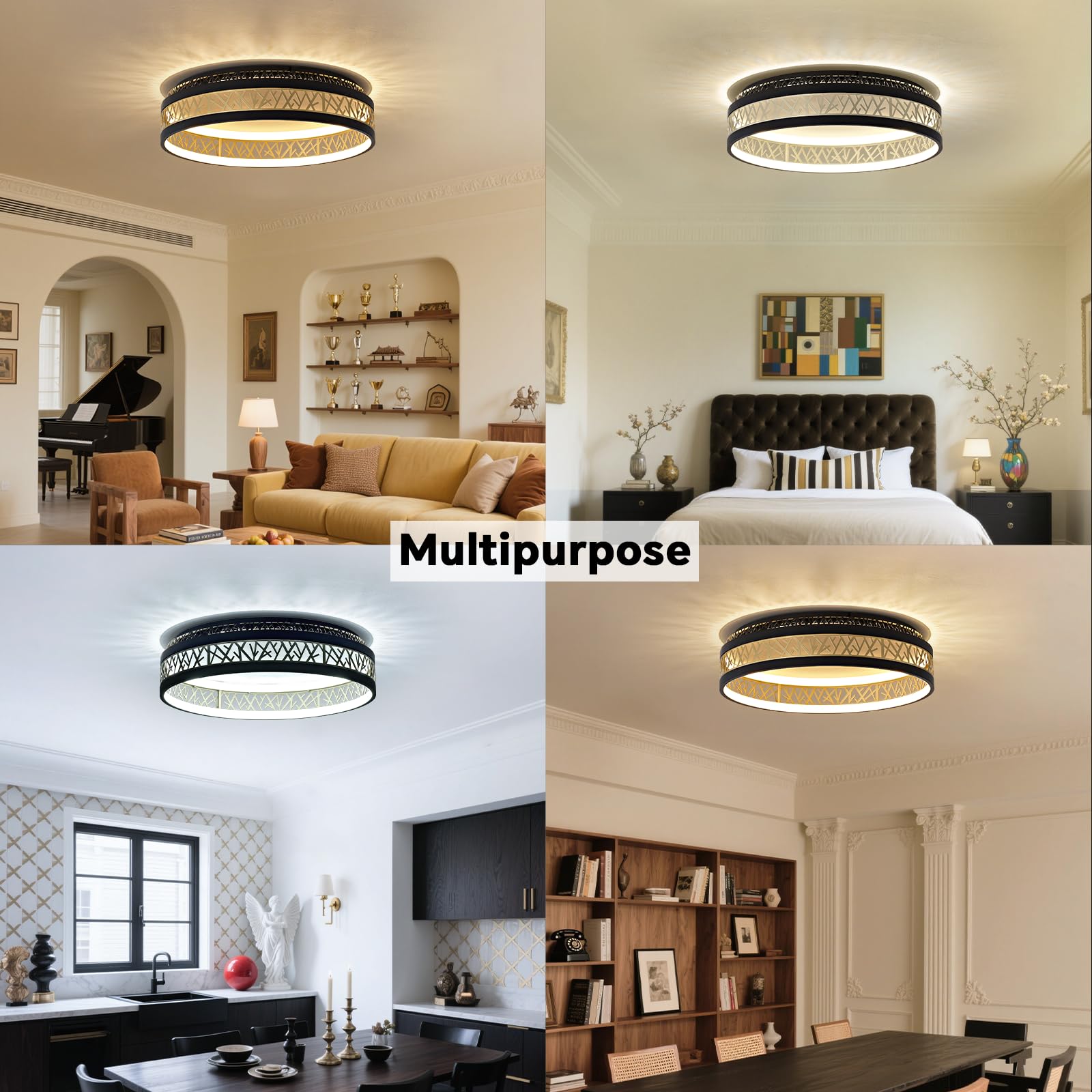 Yuanfenghua LED Deckenleuchte Mit Fernbedienung, Dimmbar Schlafzimmer Lampe with Matter Kompatibel Mit Alexa,HomeKit,Google and eWeLink APP, Rund Schwarz Gold Aushöhlen Design Wohnzimmer Ø50×H12CM 7