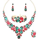 QYJ Women's Wedding Bridal Austrian Crystal Glass Teardrop Statement Necklace Dangle Earrings Bracelet Ring Wedding Party Jewelry Set for Bridal Bridesmaid