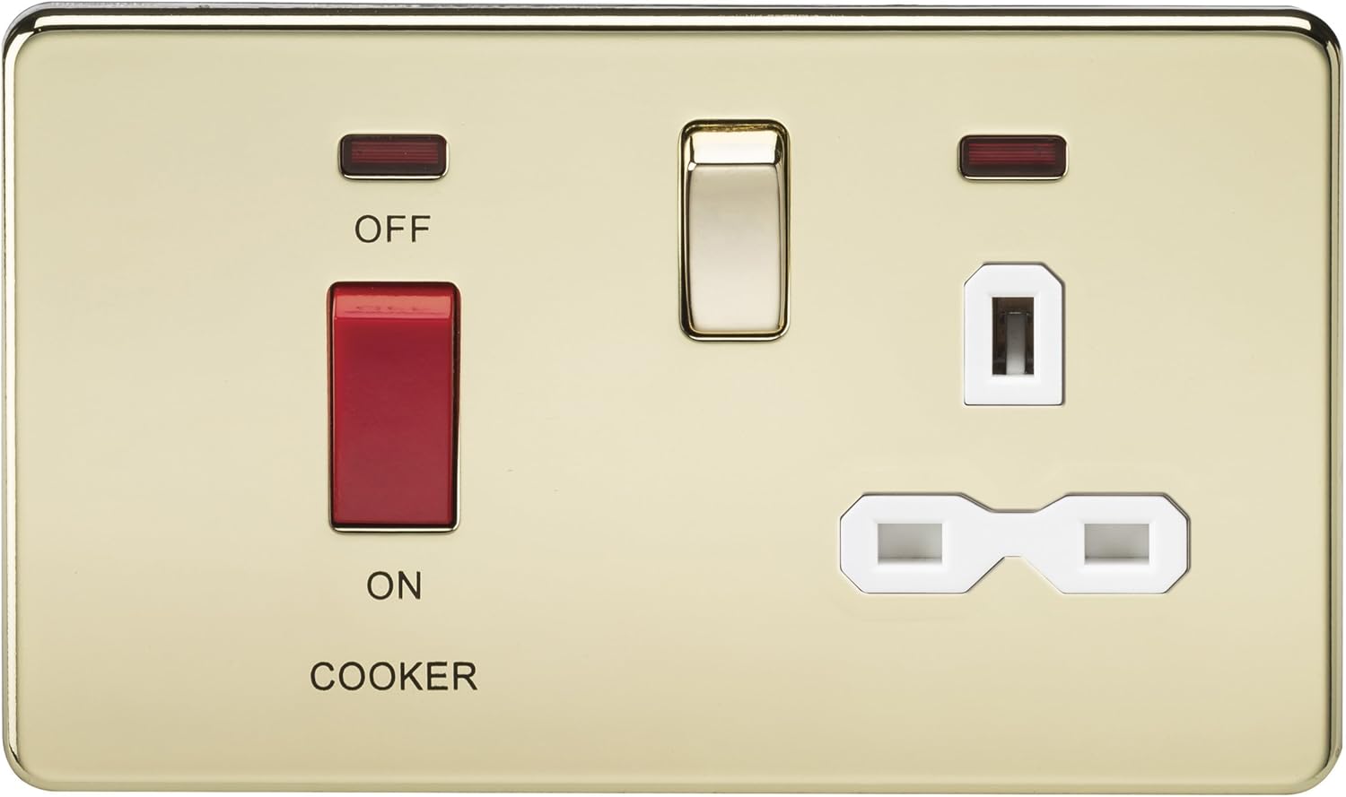 Knightsbridge SFR8333NPBW 45 A DP Screw Less Switch and 13 A Polished Neon Switched Socket with White Insert - Brass